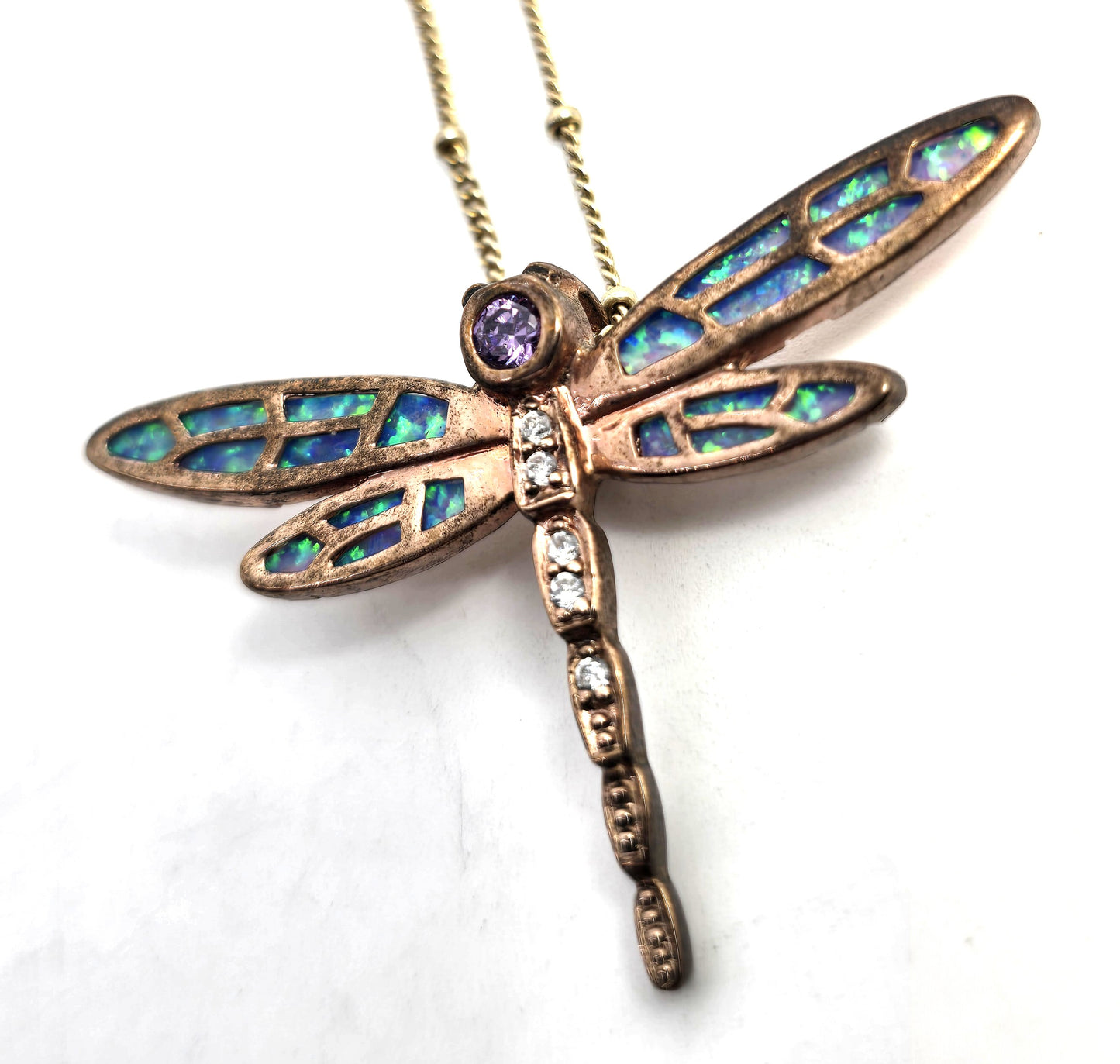 Dragonfly Blue fire opal Cubic Zirconia rose gold over sterling silver necklace