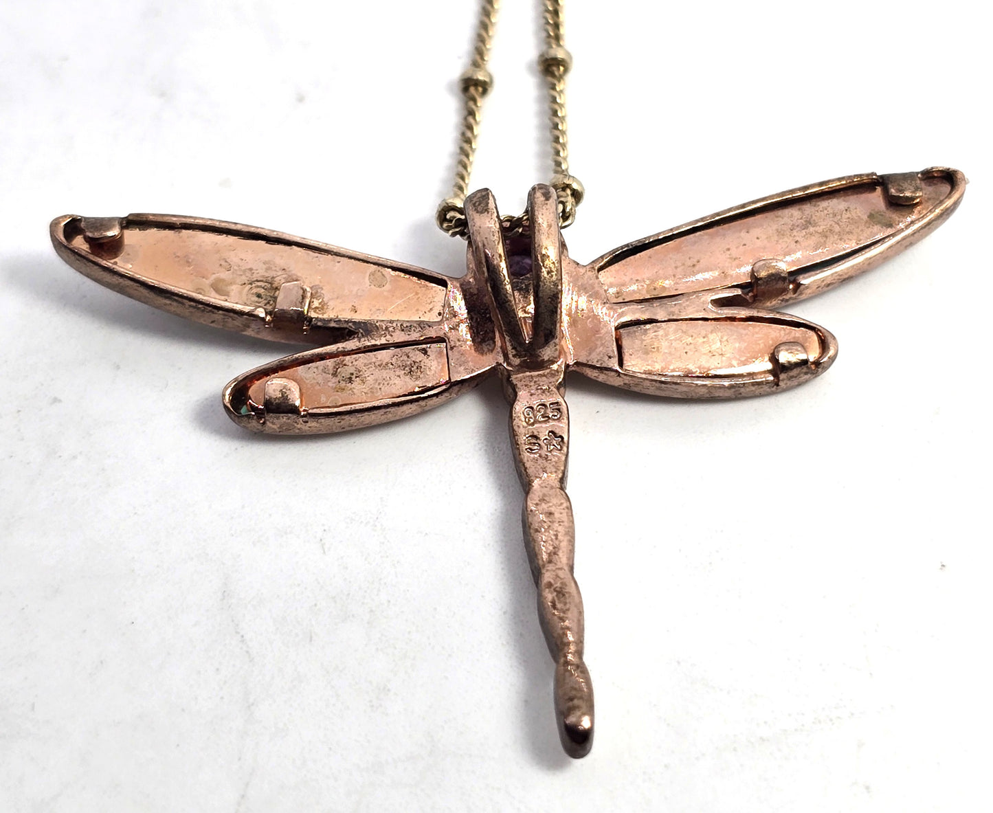Dragonfly Blue fire opal Cubic Zirconia rose gold over sterling silver necklace