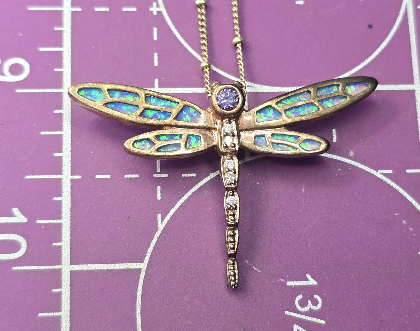 Dragonfly Blue fire opal Cubic Zirconia rose gold over sterling silver necklace