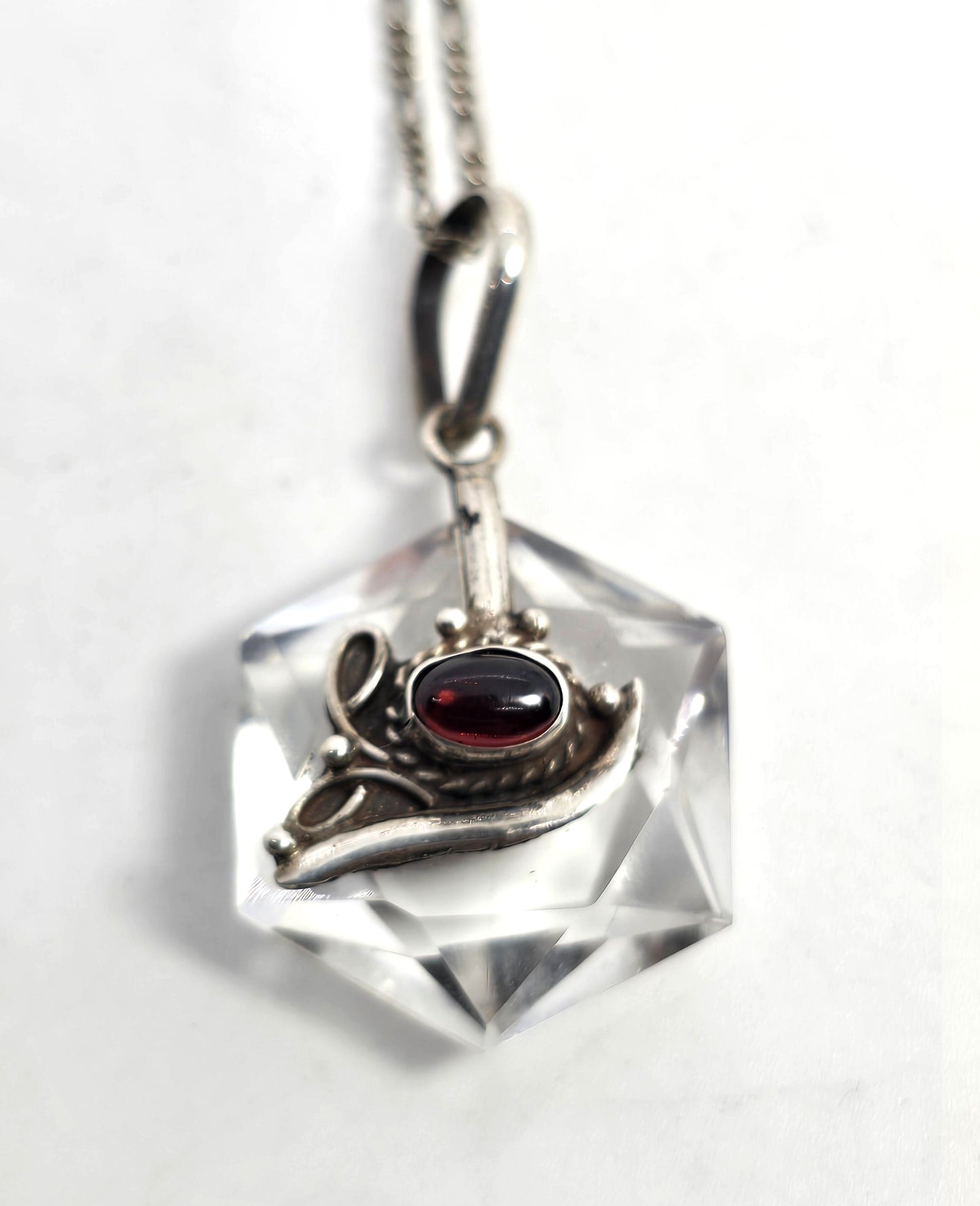 Quartz faceted amulet with garnet vintage sterling silver pendant necklace