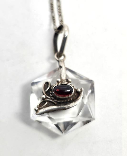 Quartz faceted amulet with garnet vintage sterling silver pendant necklace