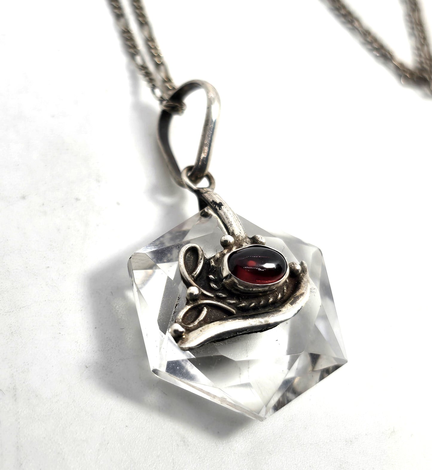 Quartz faceted amulet with garnet vintage sterling silver pendant necklace