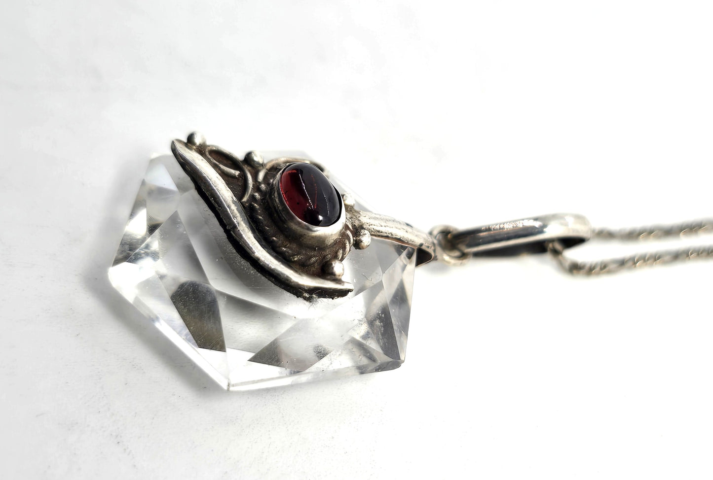 Quartz faceted amulet with garnet vintage sterling silver pendant necklace