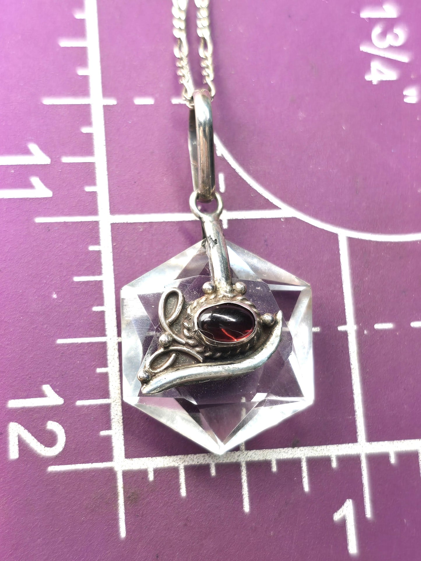 Quartz faceted amulet with garnet vintage sterling silver pendant necklace