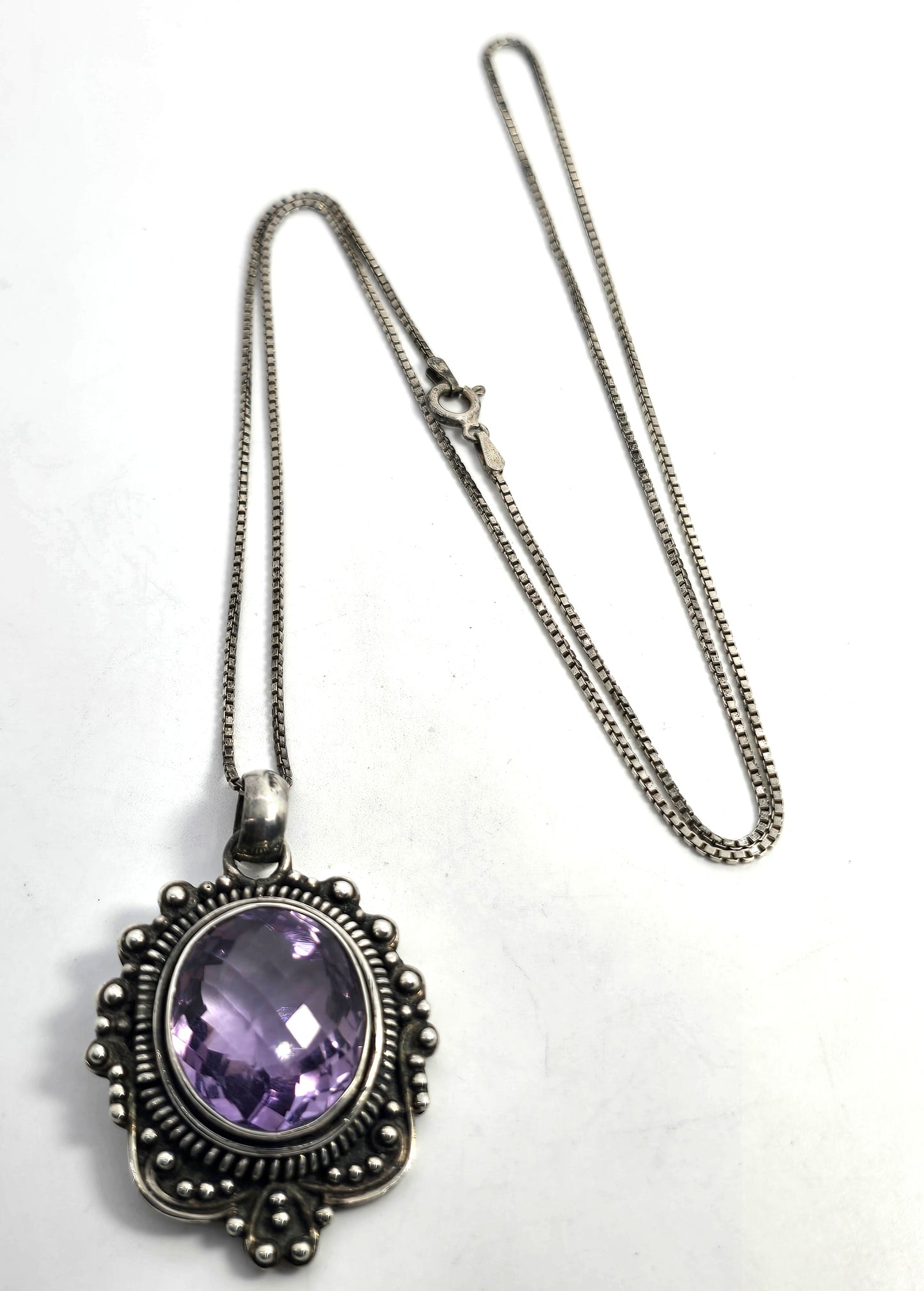 Amethyst large faceted tribal sterling silver Balinese Bali pendant necklace