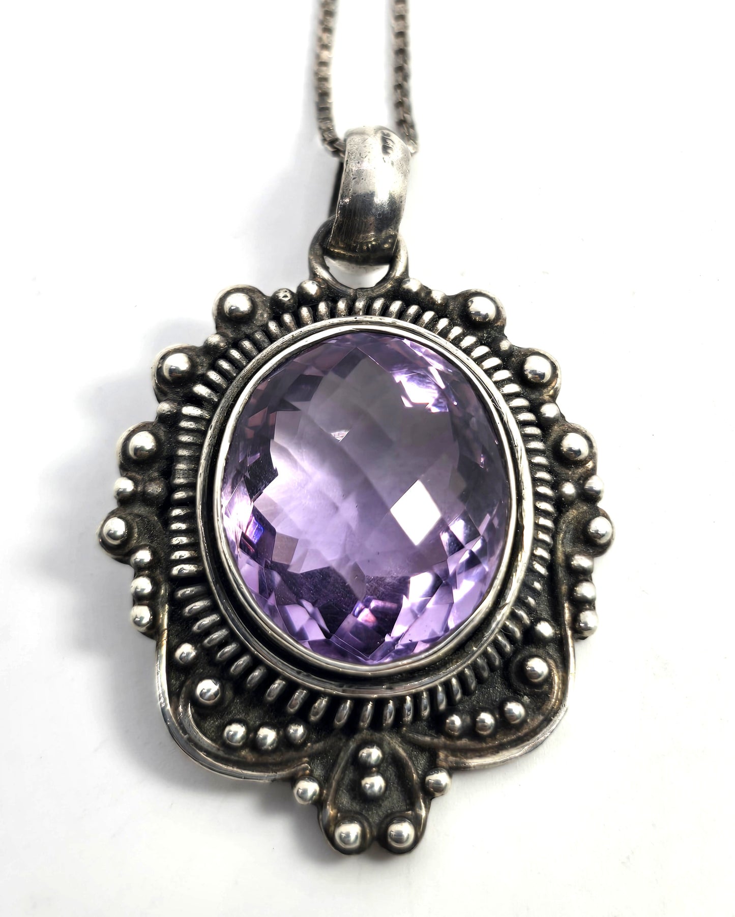 Amethyst large faceted tribal sterling silver Balinese Bali pendant necklace