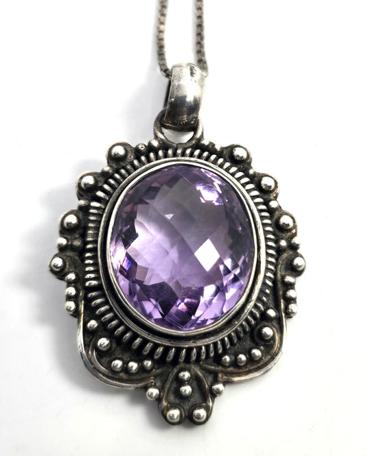 Amethyst large faceted tribal sterling silver Balinese Bali pendant necklace
