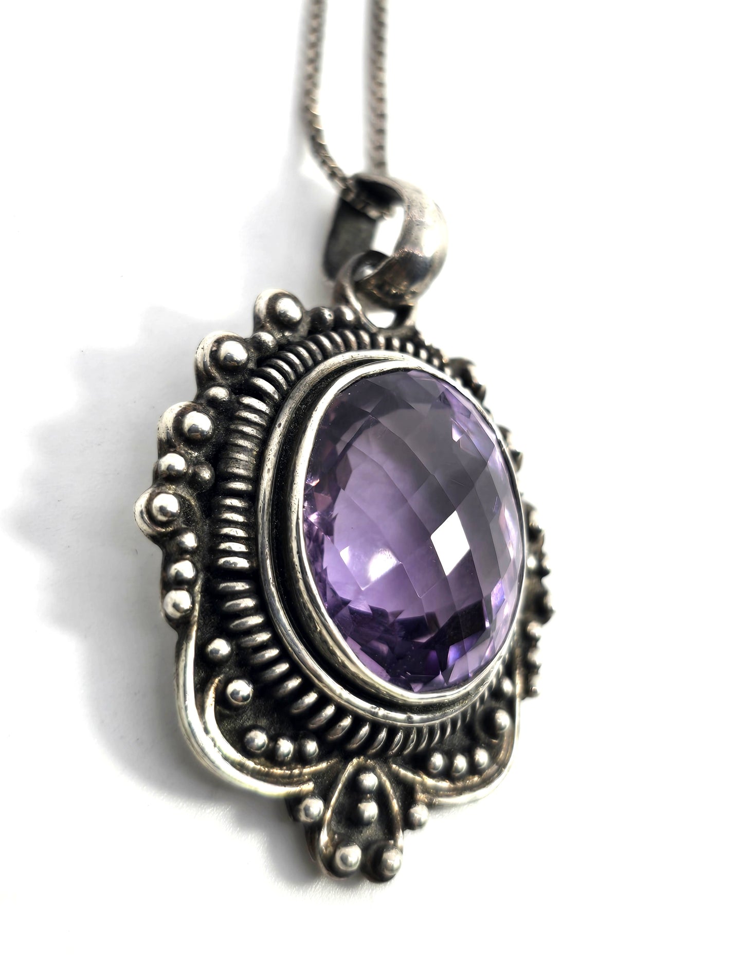 Amethyst large faceted tribal sterling silver Balinese Bali pendant necklace