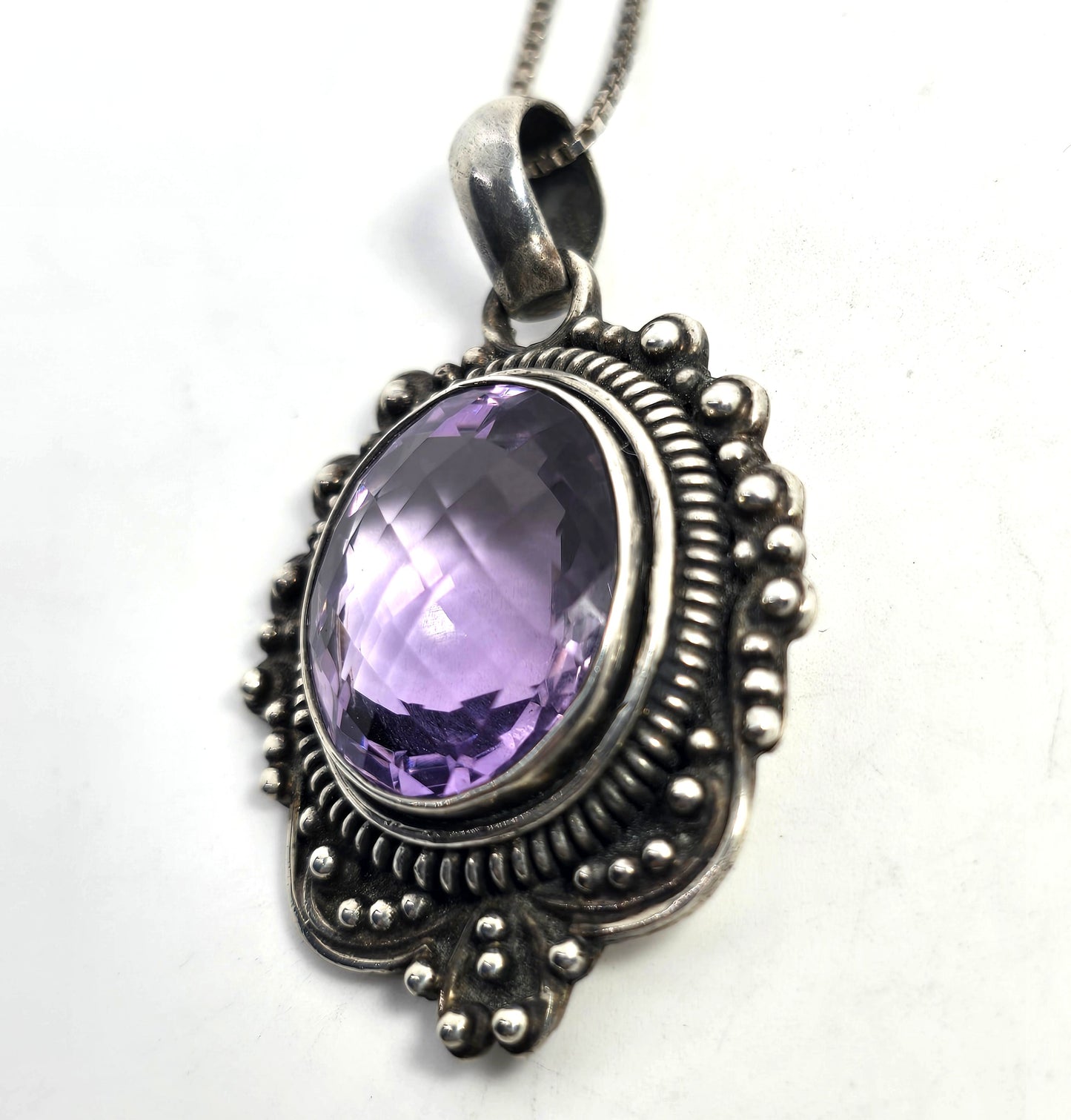 Amethyst large faceted tribal sterling silver Balinese Bali pendant necklace