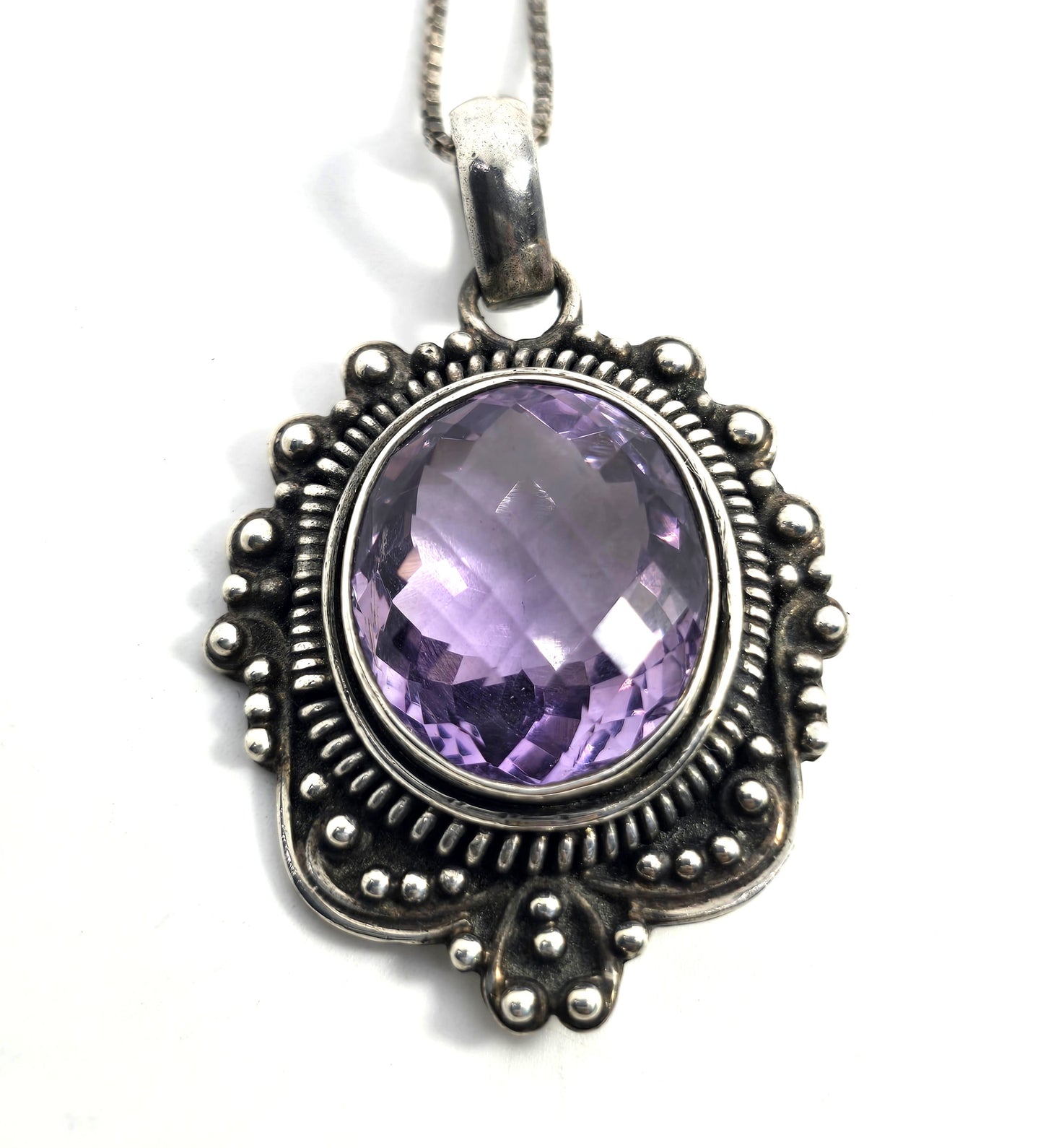 Amethyst large faceted tribal sterling silver Balinese Bali pendant necklace