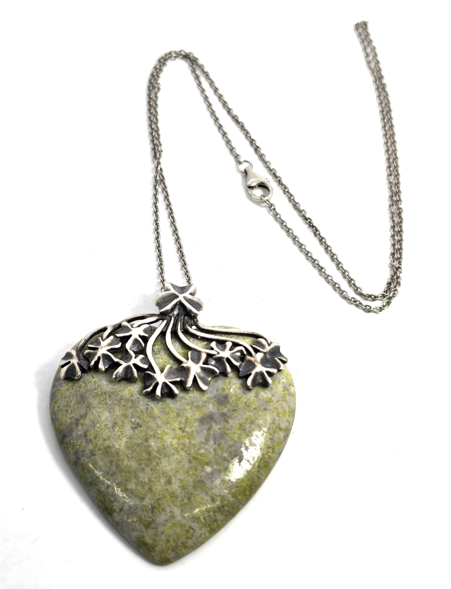 Connemara marble Blarney stone heart signed sterling silver lucky clover necklace