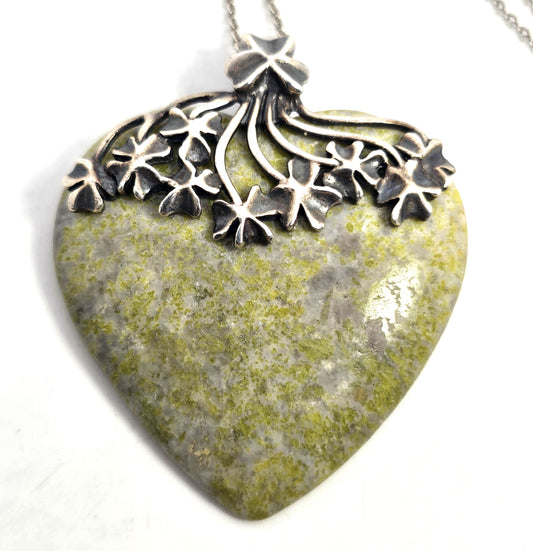Connemara marble Blarney stone heart signed sterling silver lucky clover necklace