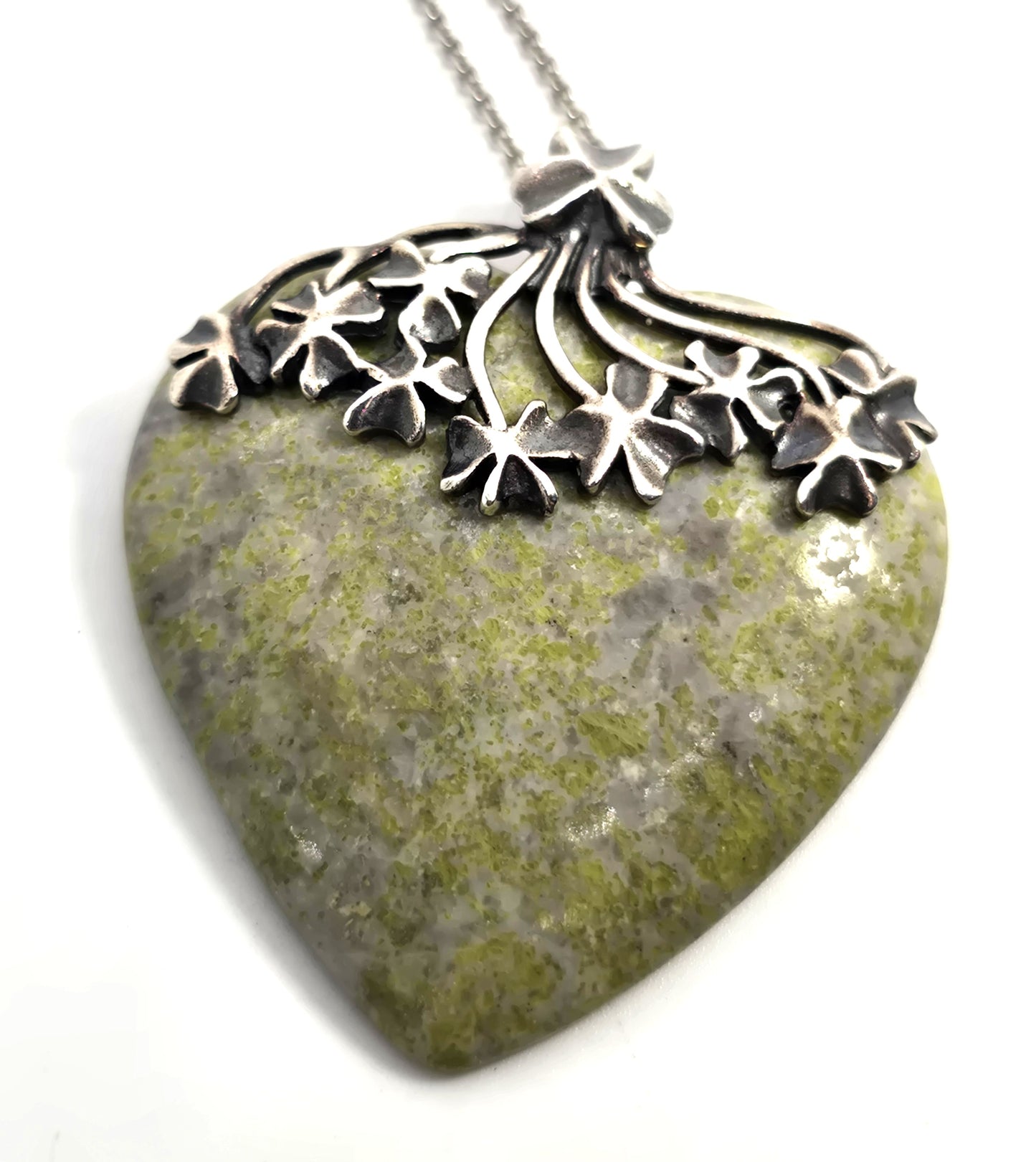 Connemara marble Blarney stone heart signed sterling silver lucky clover necklace