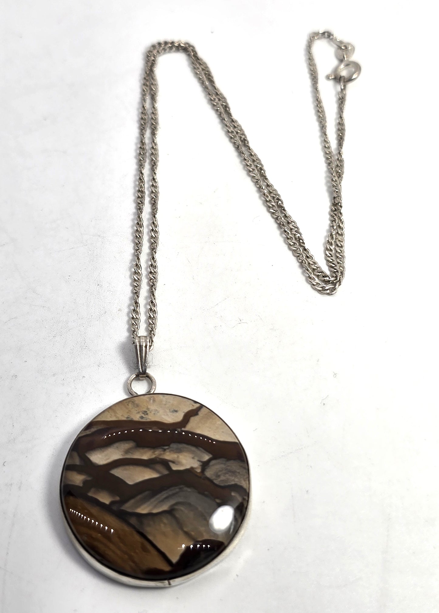 Owyhee jasper Landscape jasper vintage sterling silver round pendant necklace