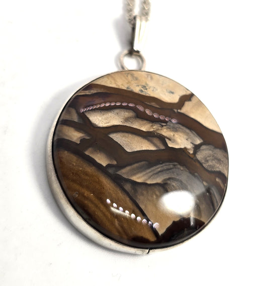Owyhee jasper Landscape jasper vintage sterling silver round pendant necklace