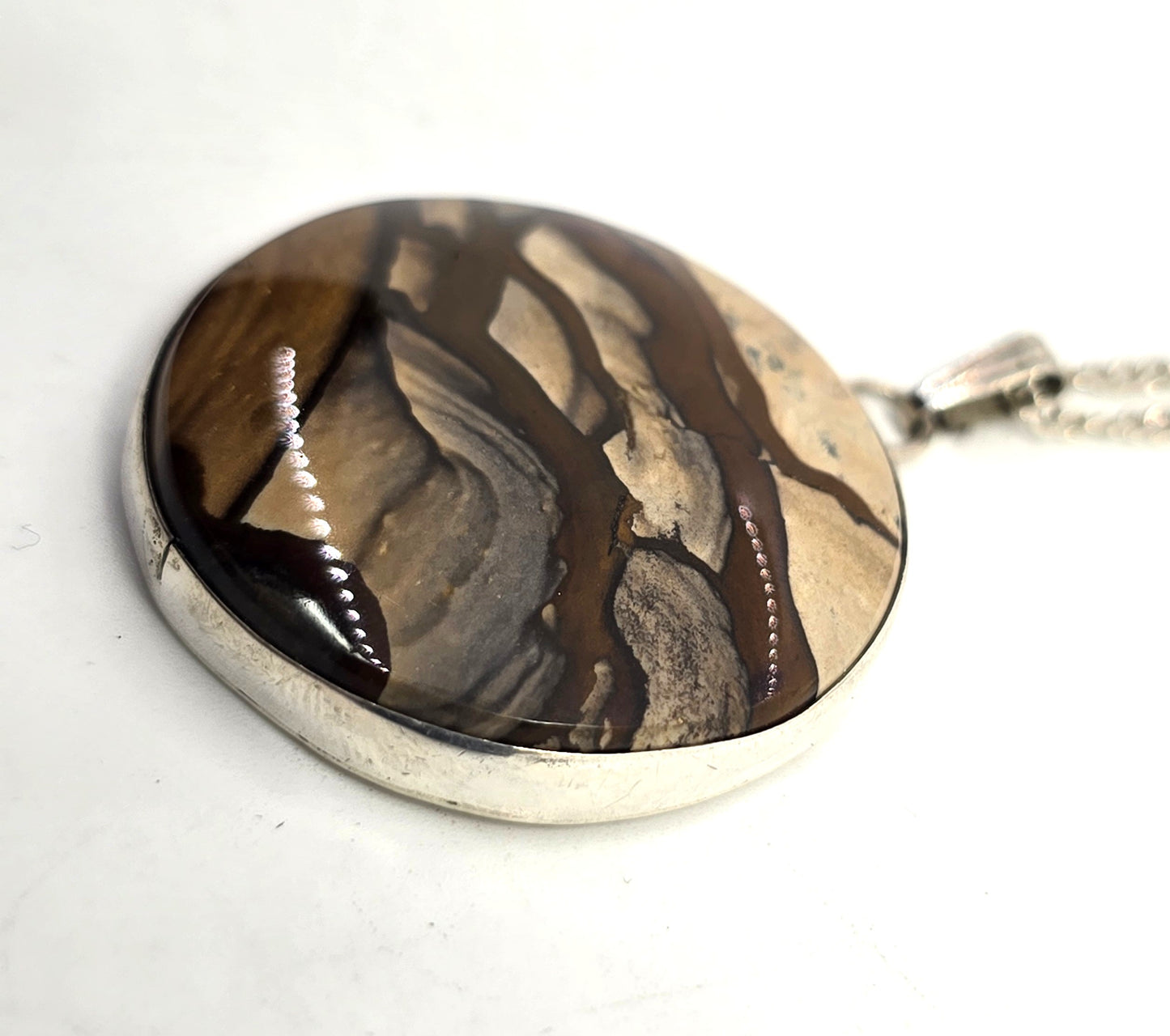 Owyhee jasper Landscape jasper vintage sterling silver round pendant necklace