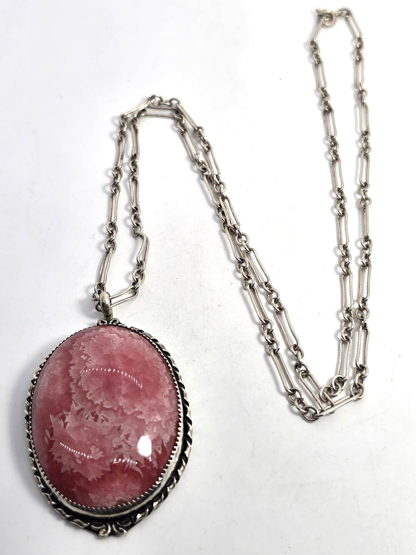 Rhodochrosite Large pink gemstone vintage handcrafted sterling silver 24' necklace