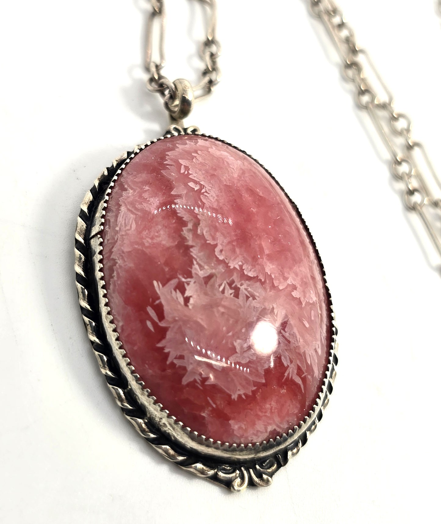 Rhodochrosite Large pink gemstone vintage handcrafted sterling silver 24' necklace