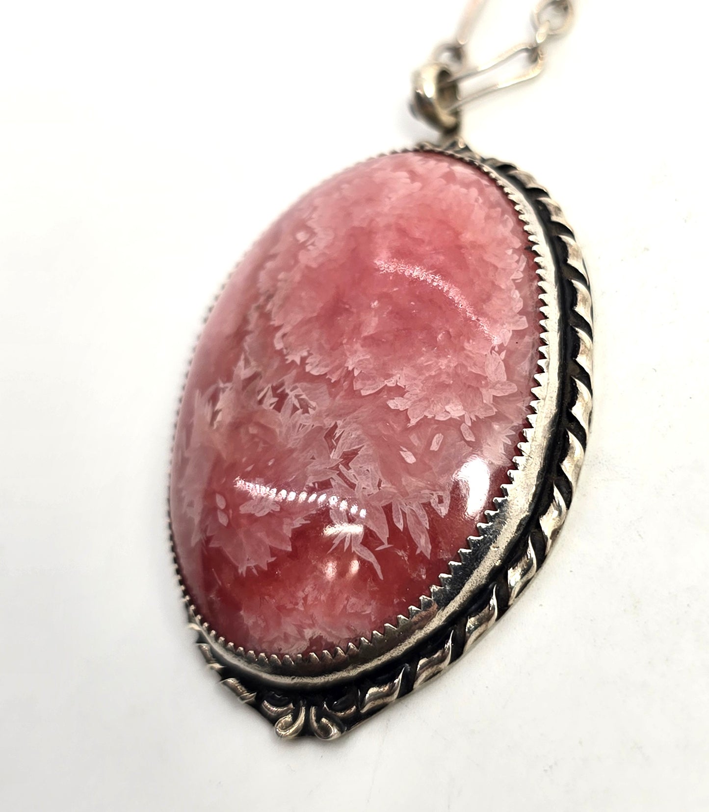 Rhodochrosite Large pink gemstone vintage handcrafted sterling silver 24' necklace