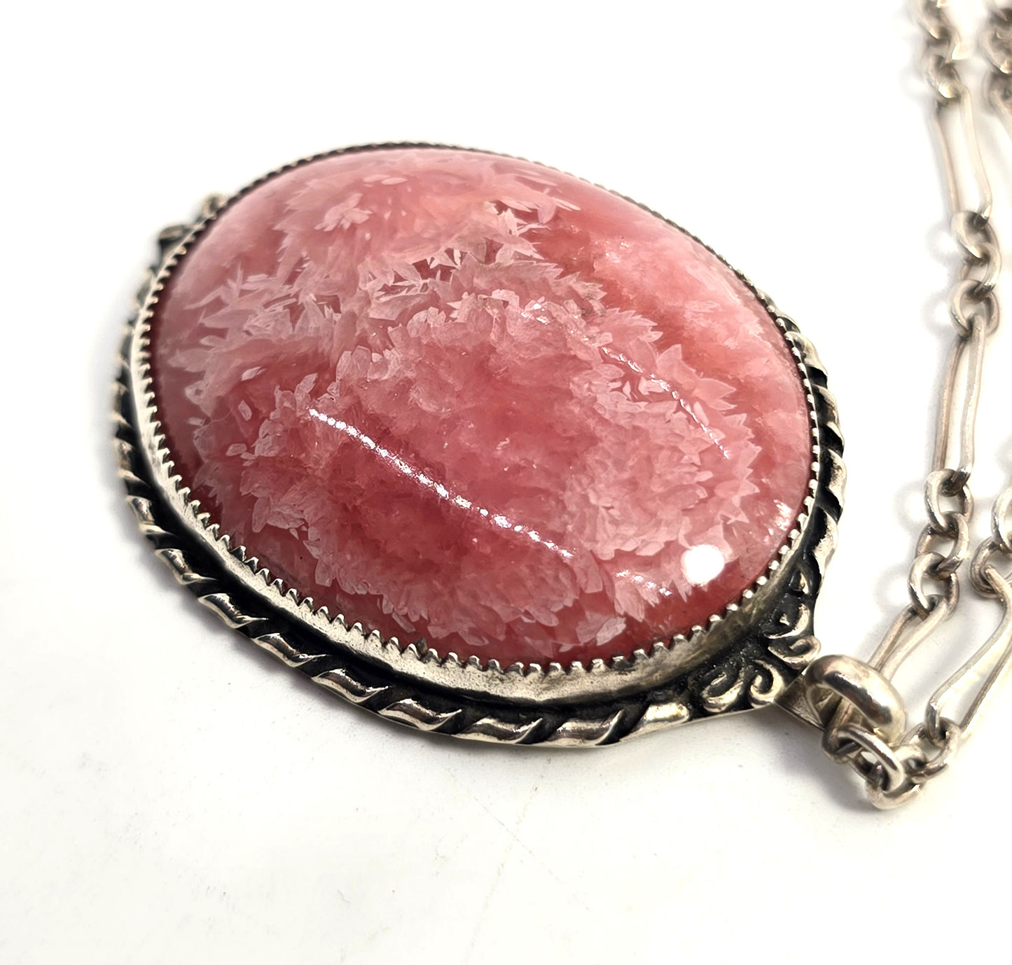 Rhodochrosite Large pink gemstone vintage handcrafted sterling silver 24' necklace