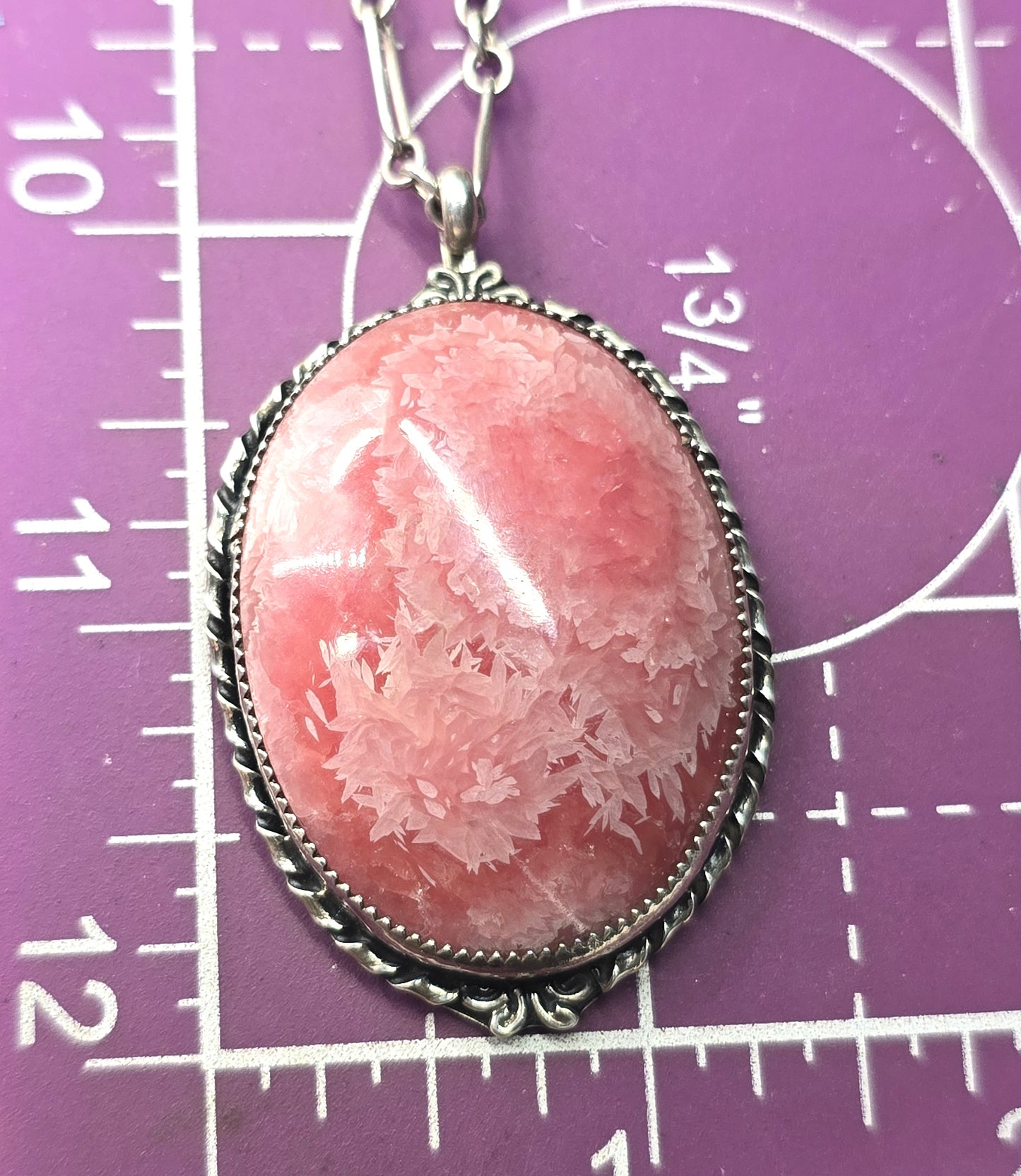 Rhodochrosite Large pink gemstone vintage handcrafted sterling silver 24' necklace