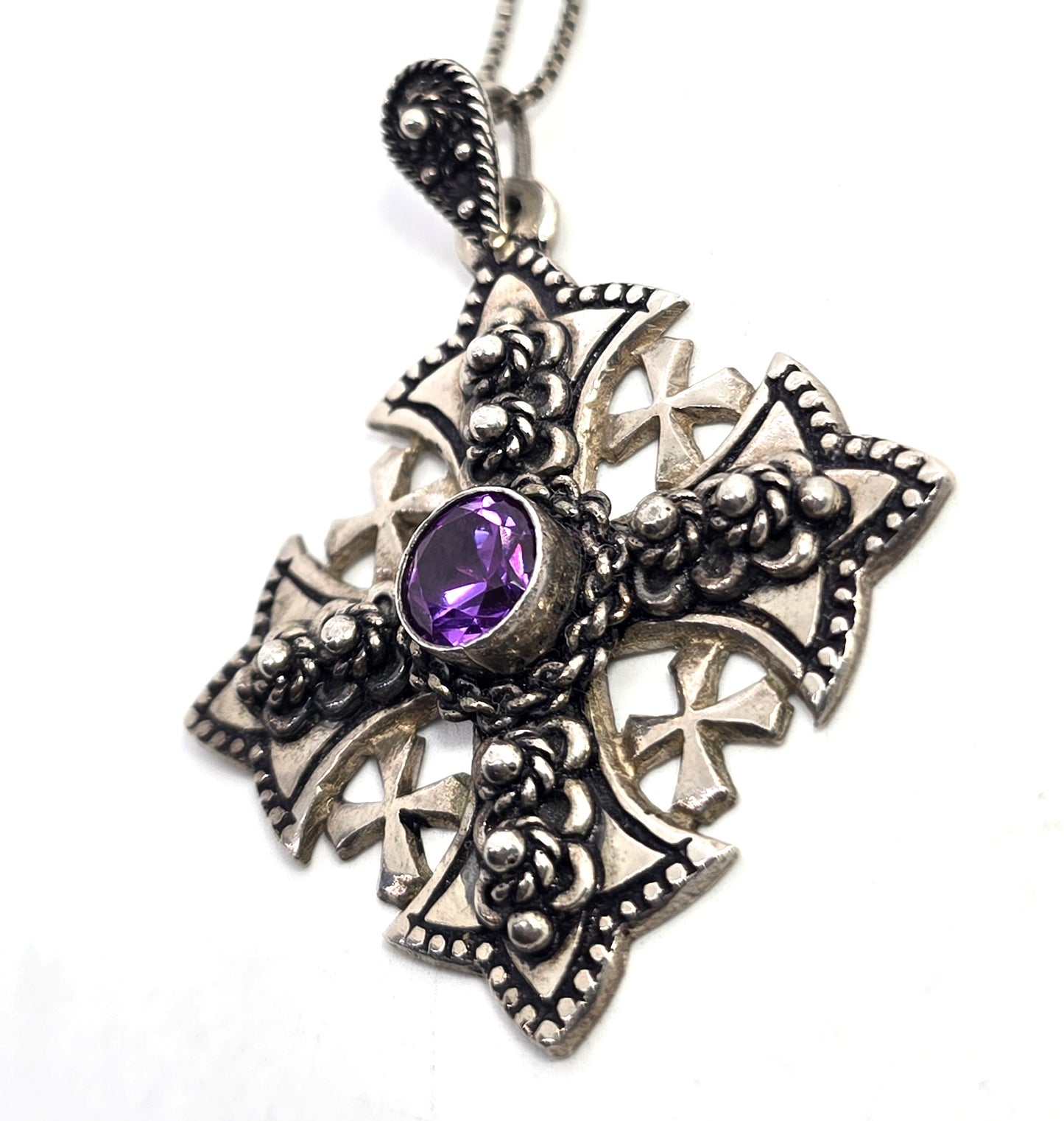 Alexandrite Maltese cross vintage Jerusalem sterling silver vintage necklace
