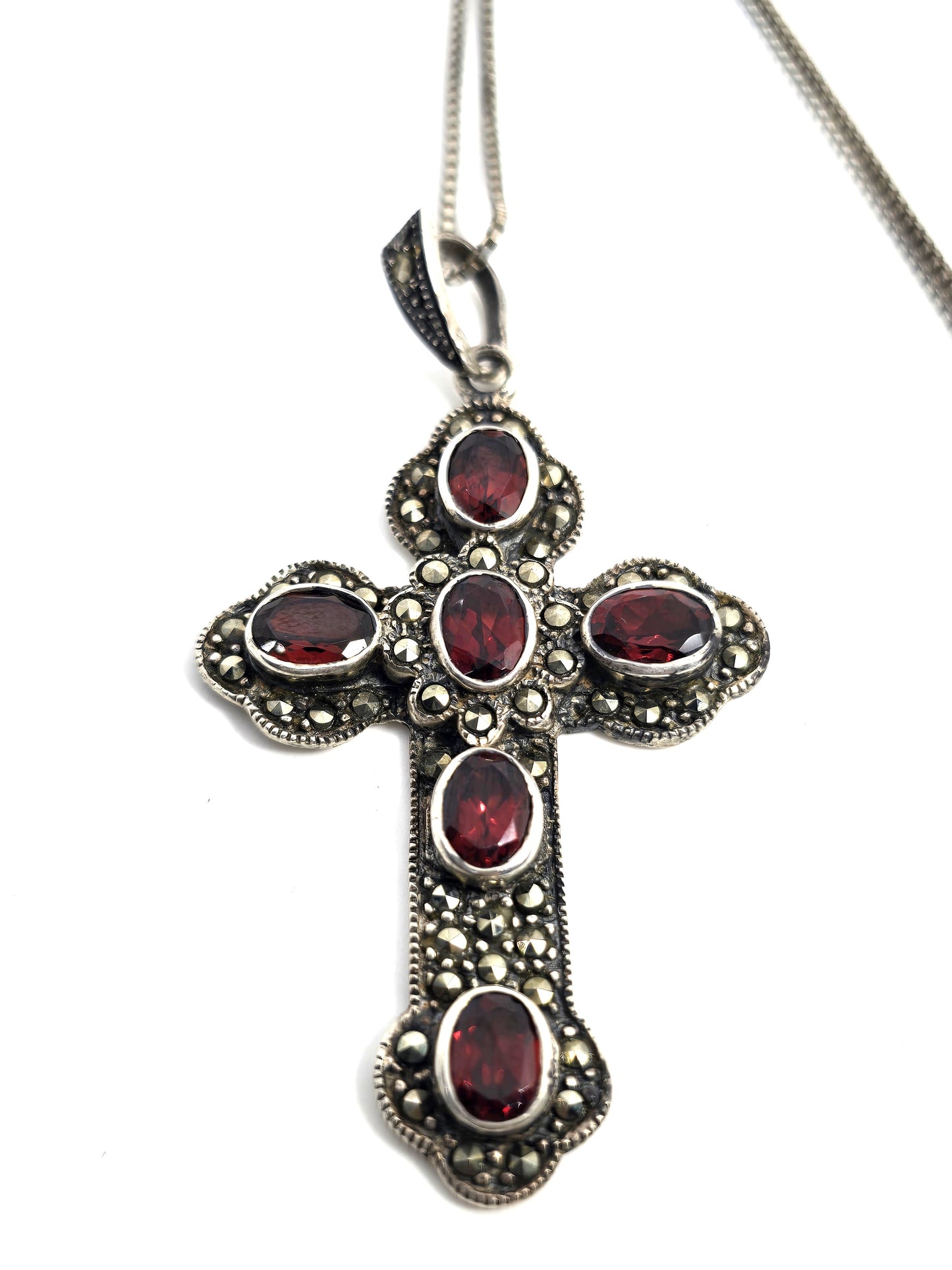 Garnet large multistone marcasite vintage sterling silver cross necklace