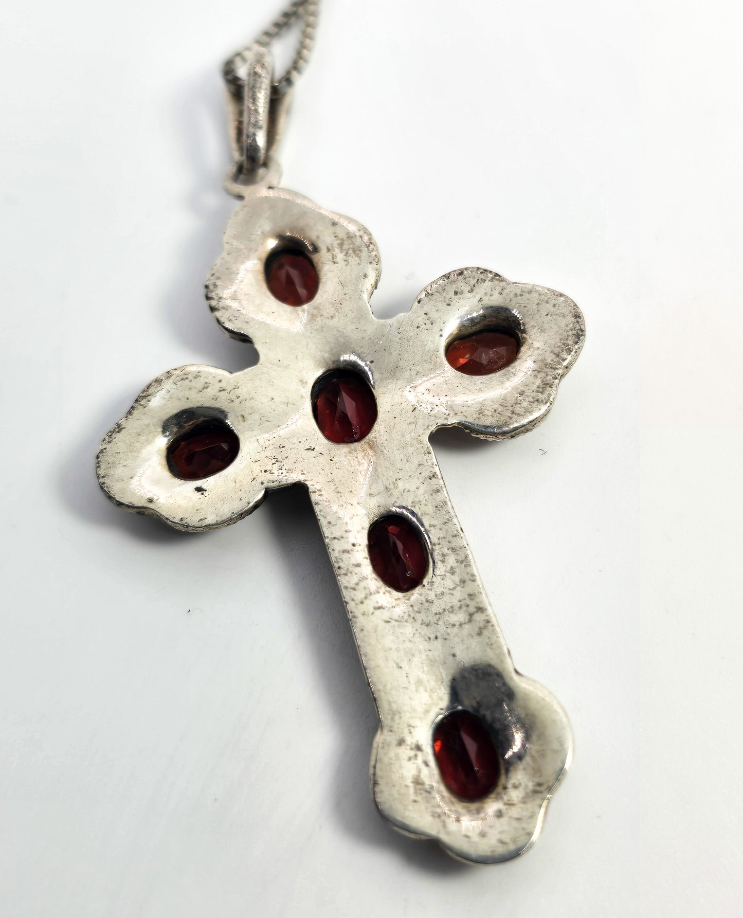 Garnet large multistone marcasite vintage sterling silver cross necklace