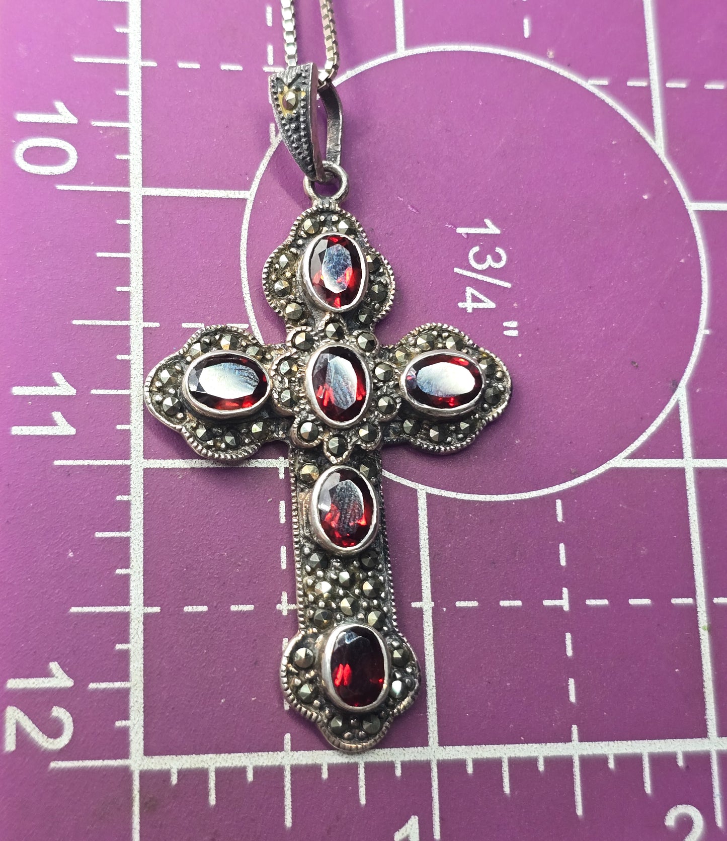 Garnet large multistone marcasite vintage sterling silver cross necklace