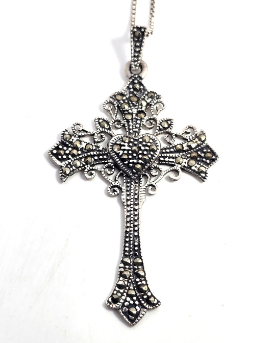 Marcasite heart gemstone large vintage sterling silver cross necklace