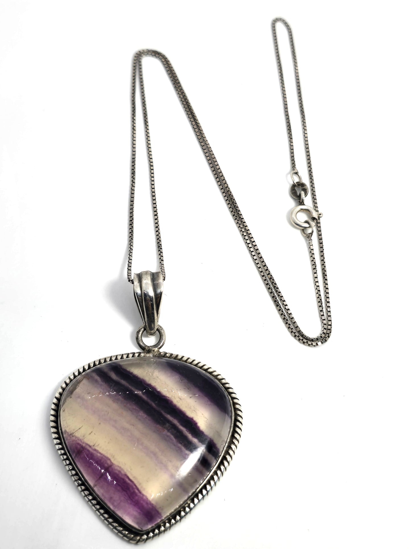 Pear Banded Fluorite large gemstone sterling silver retro vintage necklace