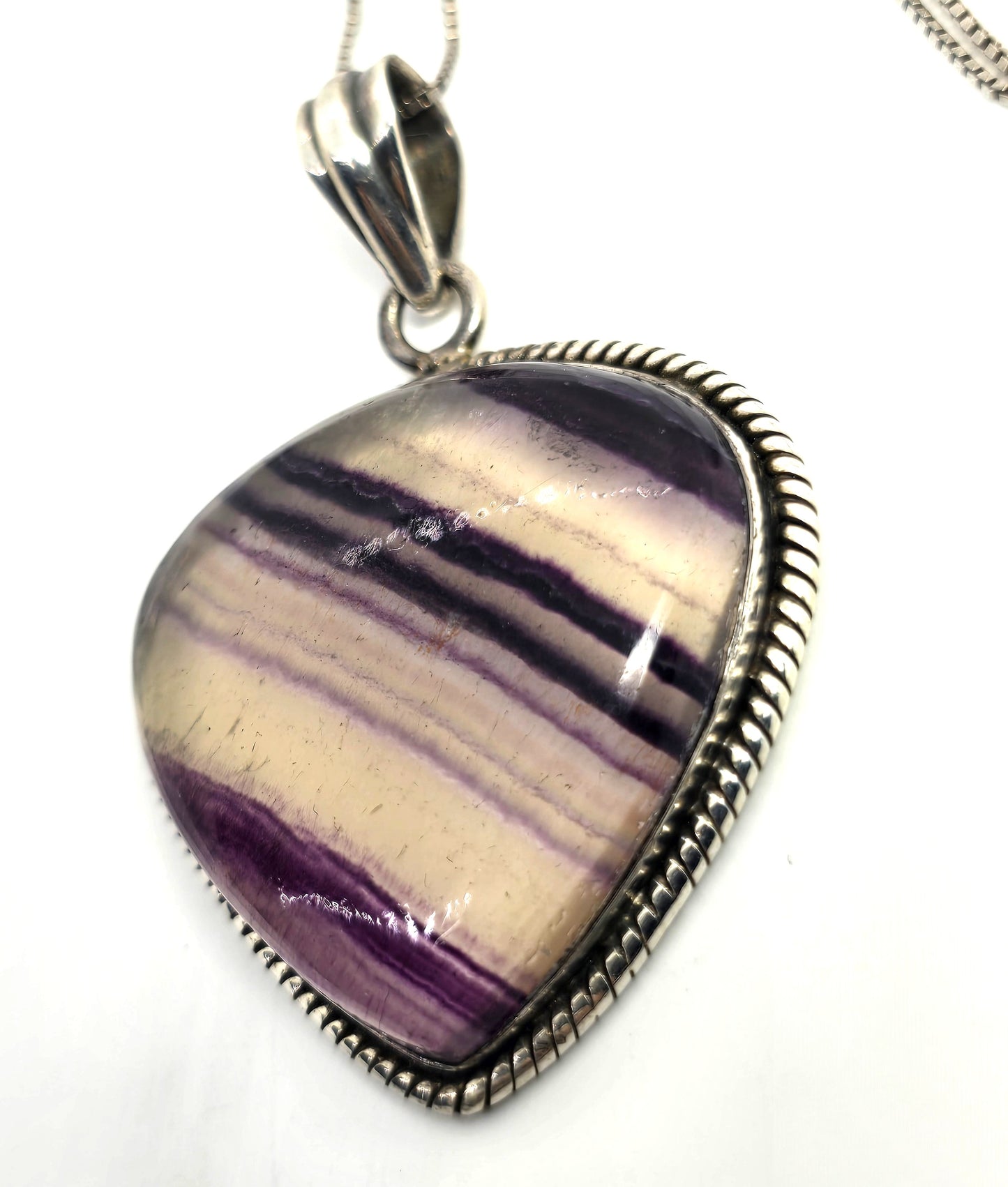 Pear Banded Fluorite large gemstone sterling silver retro vintage necklace