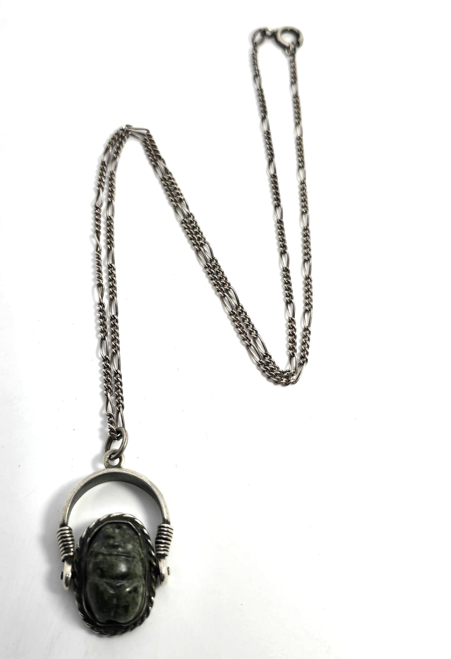 Egyptian Scarab Khepri beetle Jasper antique sterling silver spinner necklace