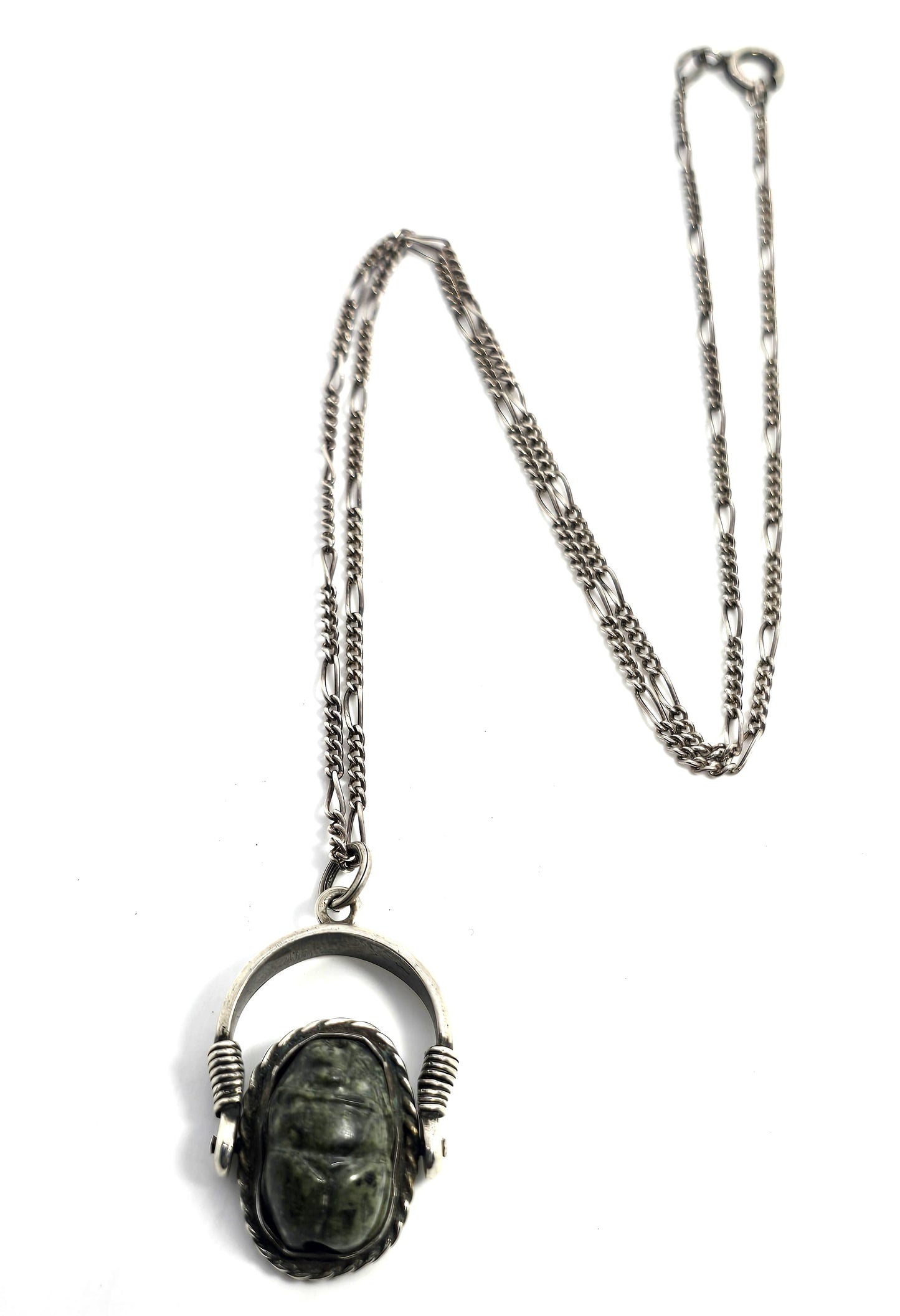 Egyptian Scarab Khepri beetle Jasper antique sterling silver spinner necklace