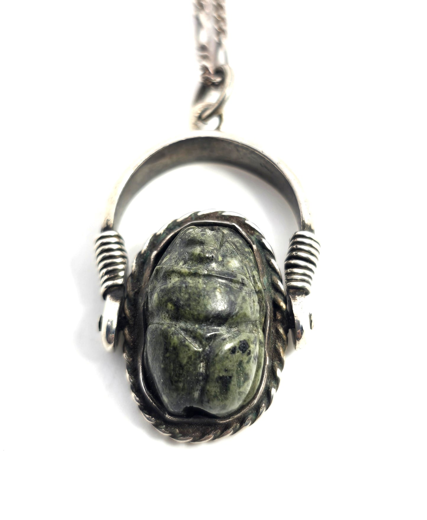 Egyptian Scarab Khepri beetle Jasper antique sterling silver spinner necklace