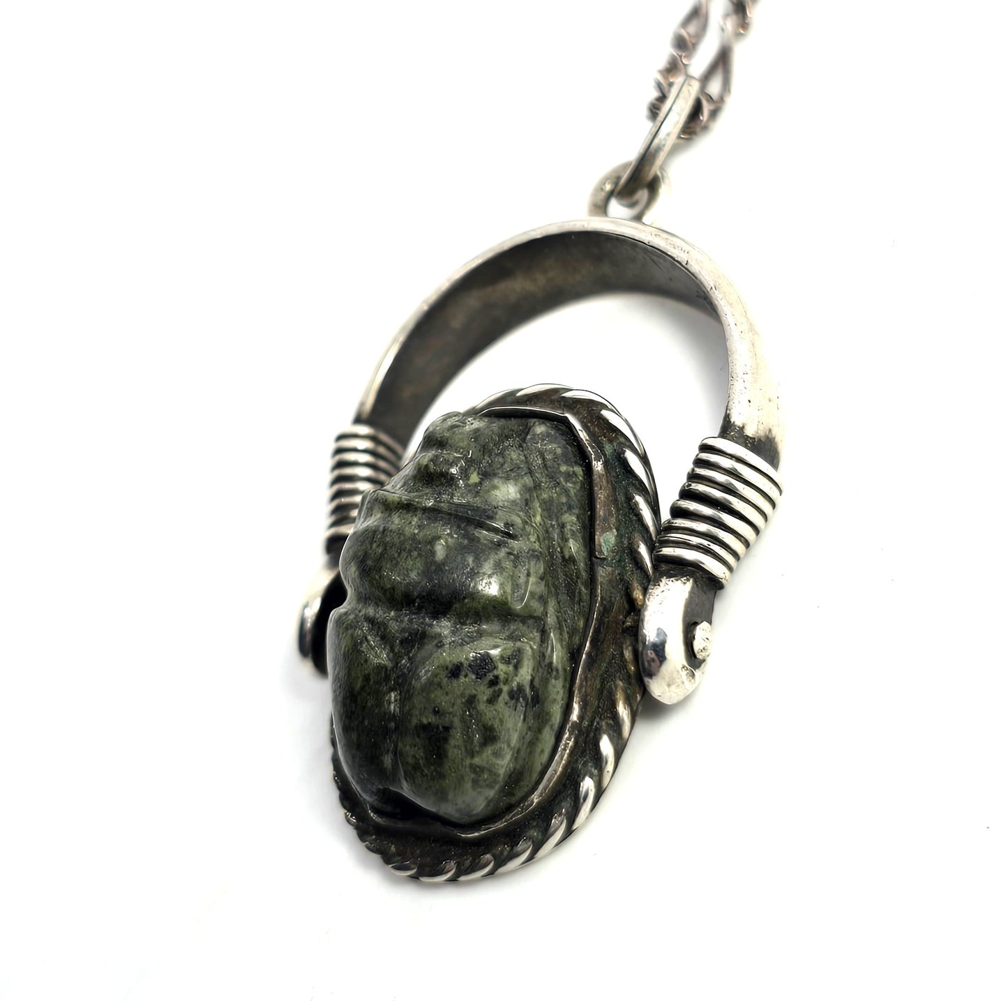 Egyptian Scarab Khepri beetle Jasper antique sterling silver spinner necklace
