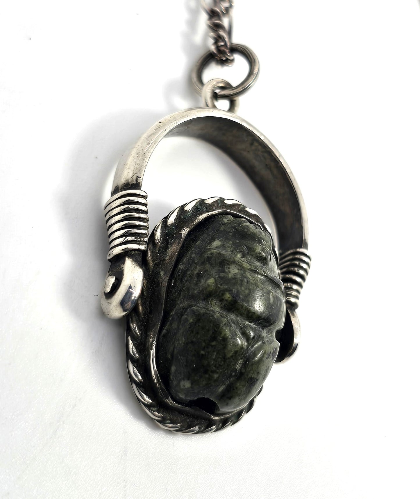 Egyptian Scarab Khepri beetle Jasper antique sterling silver spinner necklace