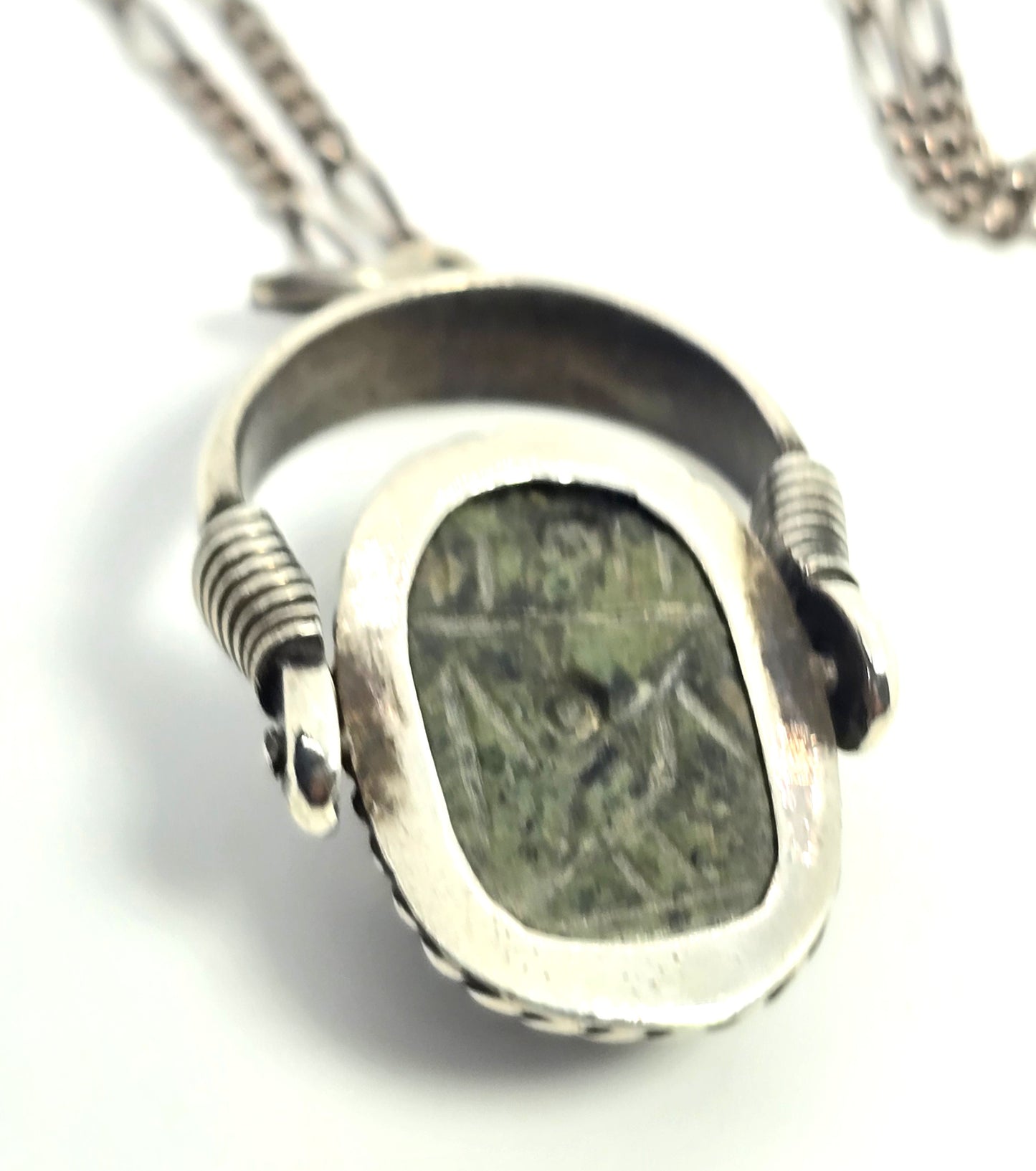 Egyptian Scarab Khepri beetle Jasper antique sterling silver spinner necklace