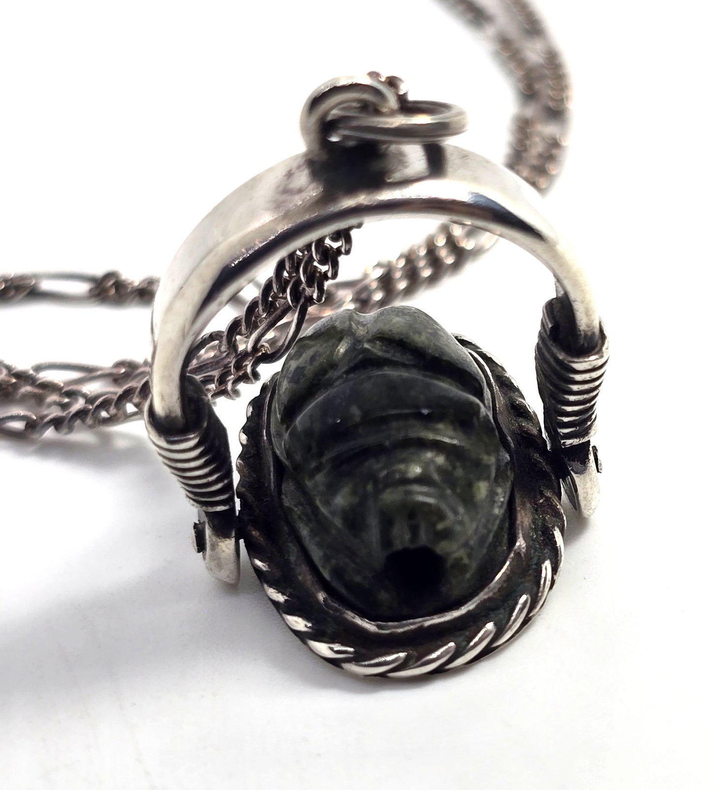 Egyptian Scarab Khepri beetle Jasper antique sterling silver spinner necklace