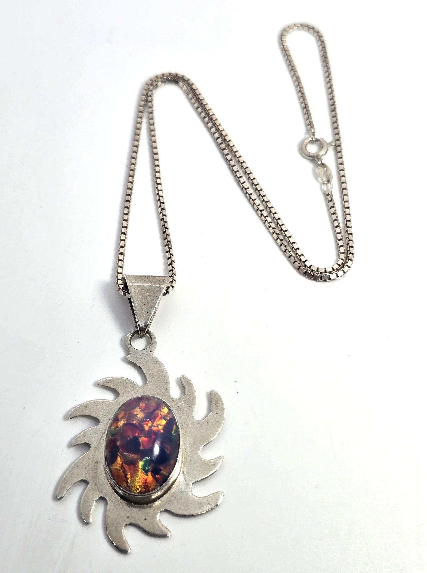 Taxco Mexico Dichroic glass Jelly Opal artisan Large sun solid sterling silver necklace