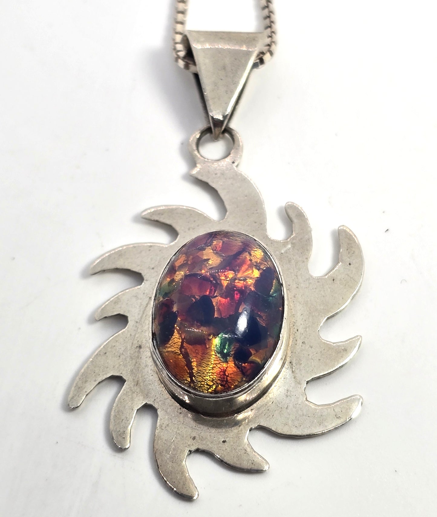 Taxco Mexico Dichroic glass Jelly Opal artisan Large sun solid sterling silver necklace