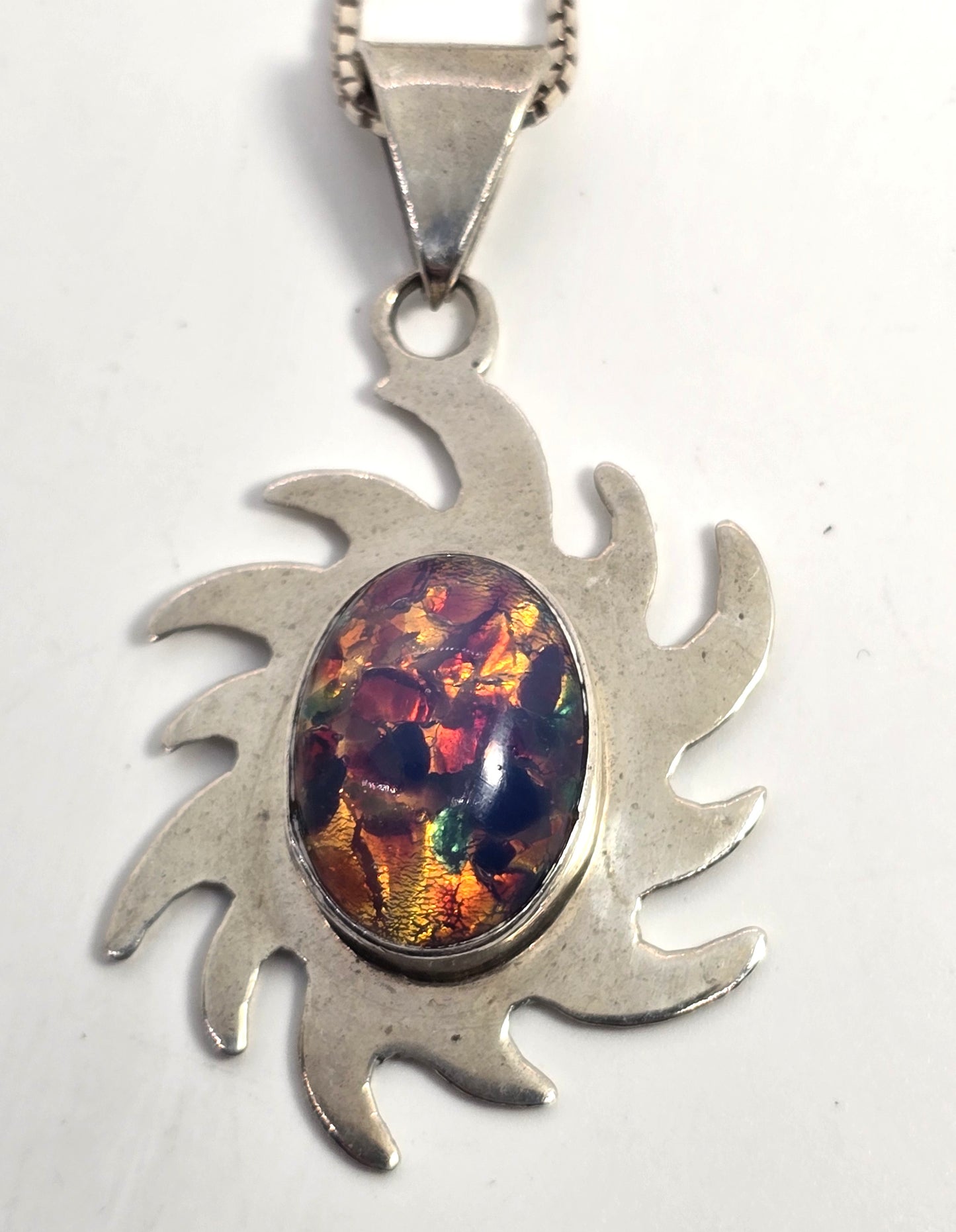 Taxco Mexico Dichroic glass Jelly Opal artisan Large sun solid sterling silver necklace