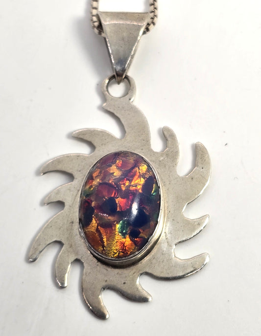 Taxco Mexico Dichroic glass Jelly Opal artisan Large sun solid sterling silver necklace