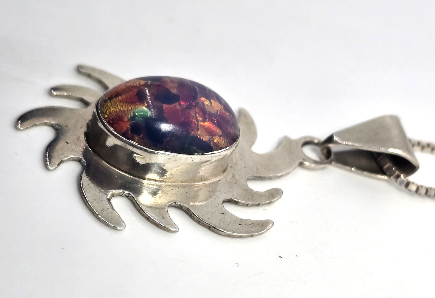 Taxco Mexico Dichroic glass Jelly Opal artisan Large sun solid sterling silver necklace