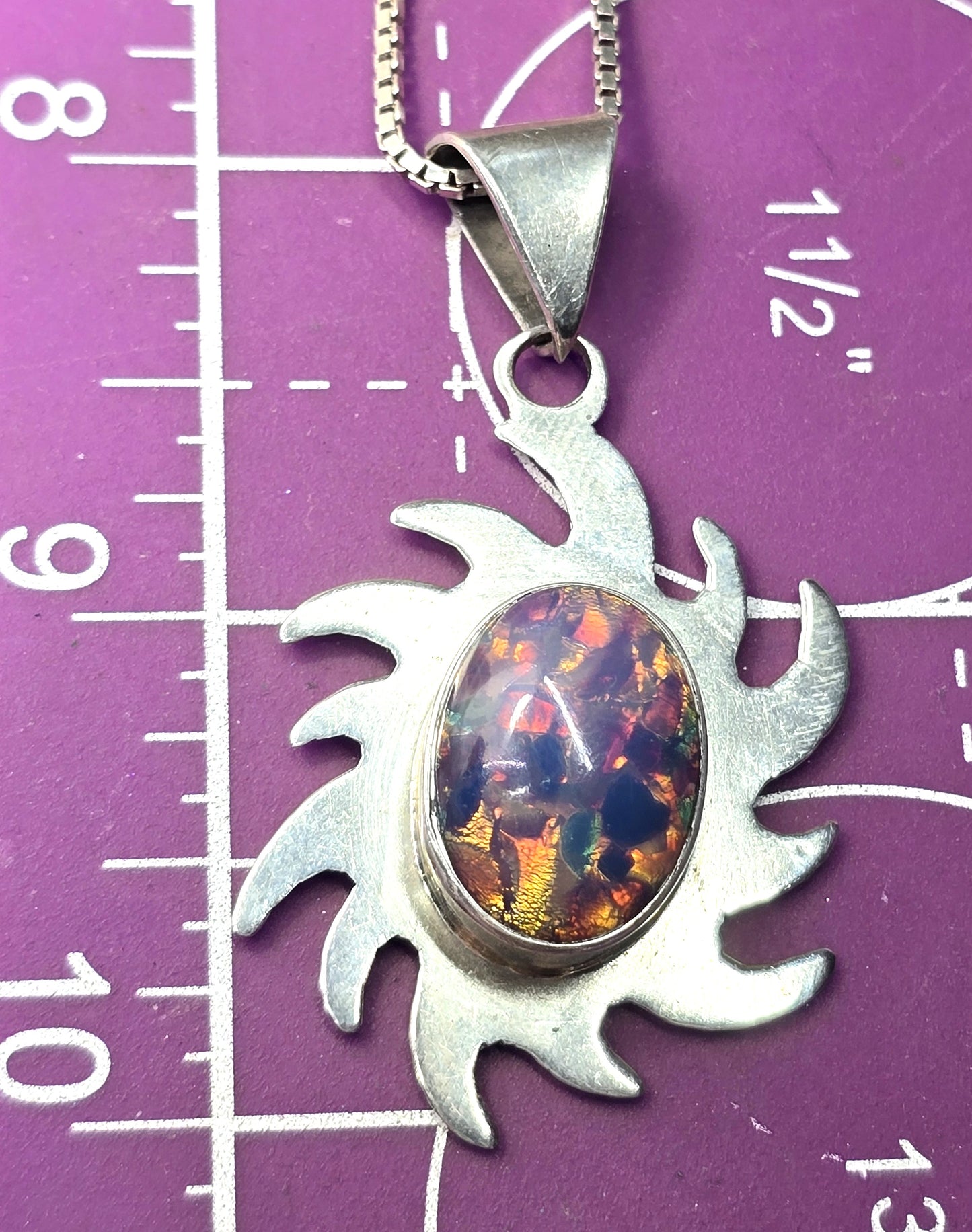 Taxco Mexico Dichroic glass Jelly Opal artisan Large sun solid sterling silver necklace