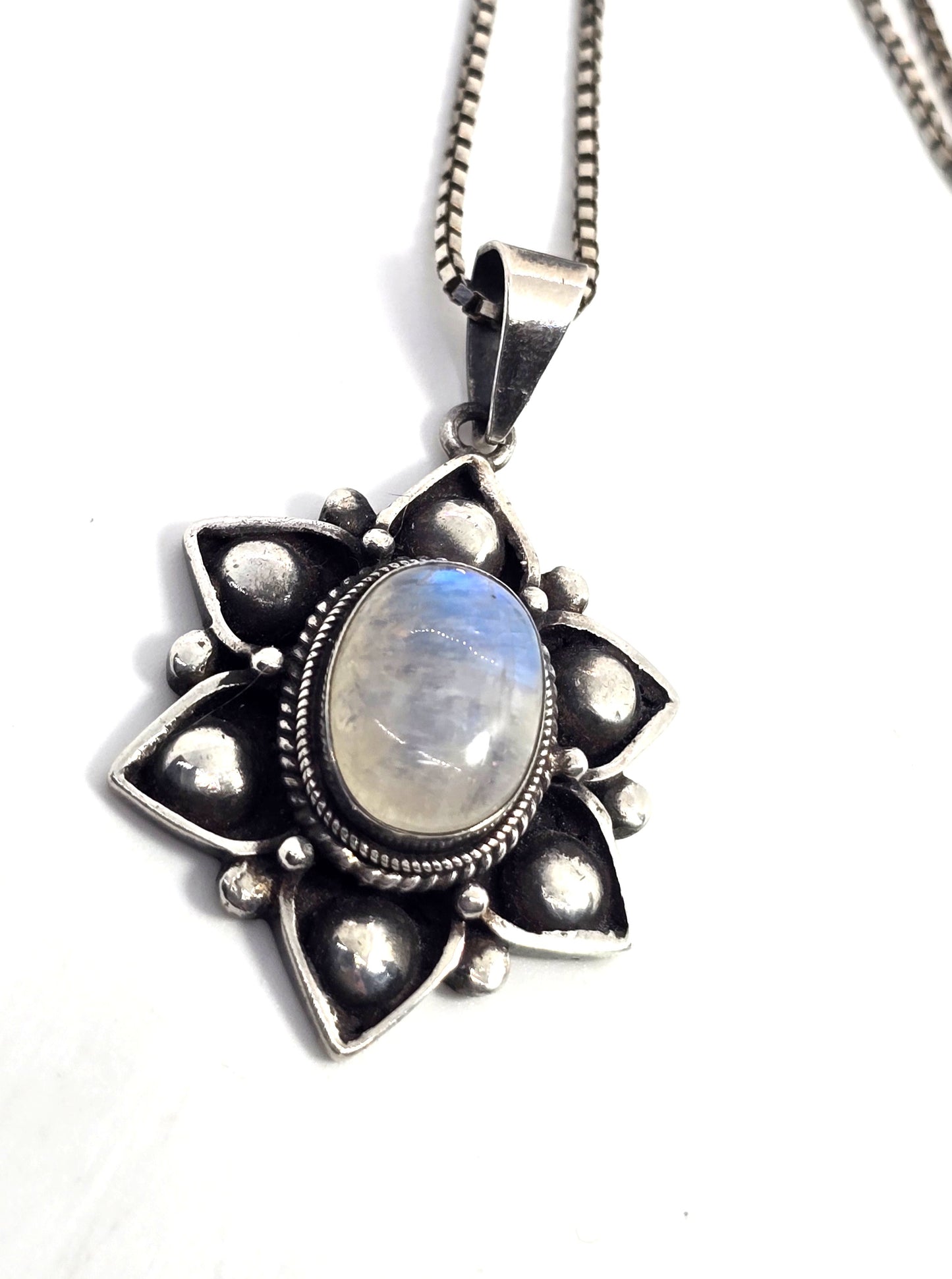 Rainbow Moonstone flashy tribal Balinese flower sterling silver pendant necklace