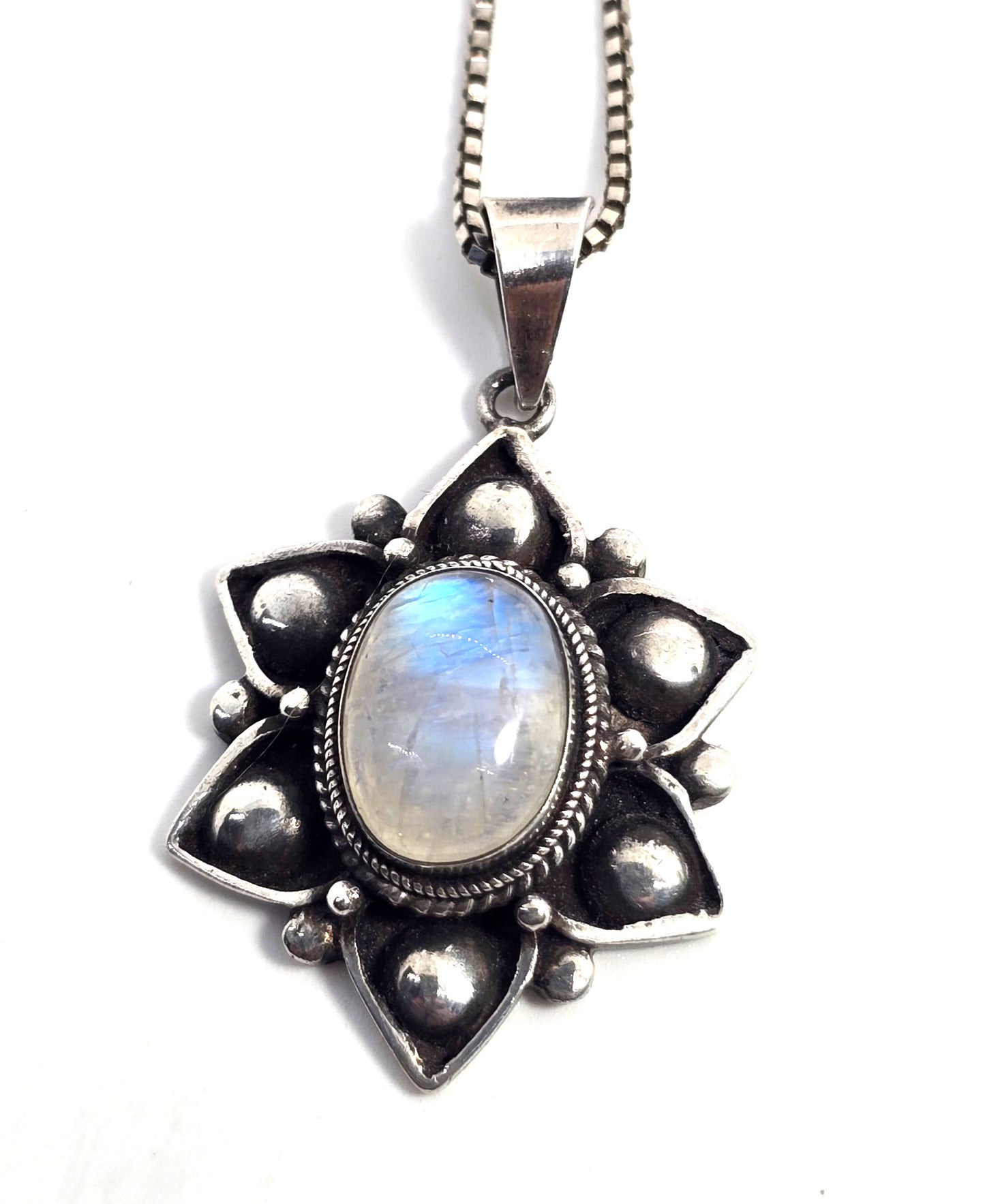 Rainbow Moonstone flashy tribal Balinese flower sterling silver pendant necklace