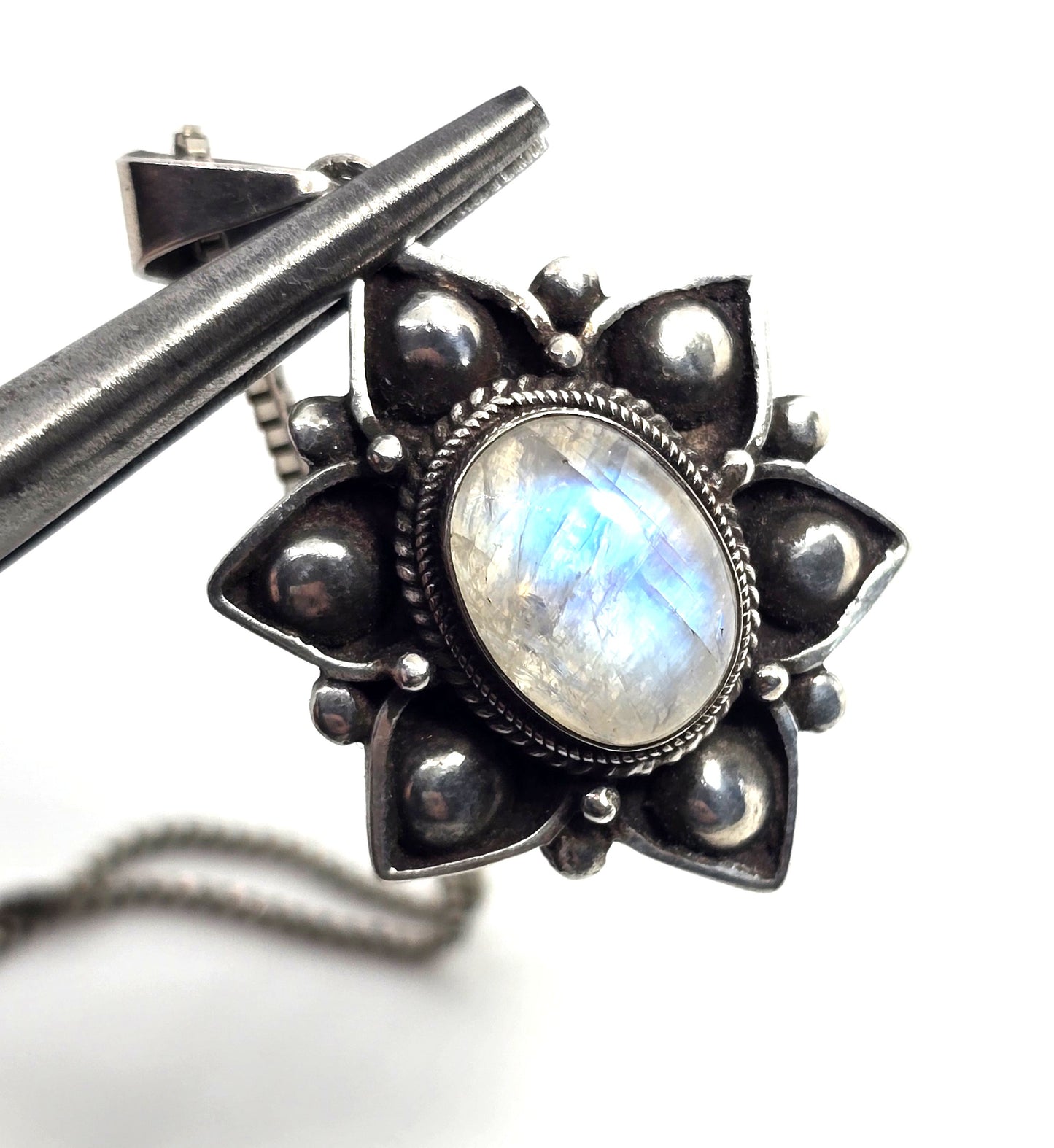 Rainbow Moonstone flashy tribal Balinese flower sterling silver pendant necklace