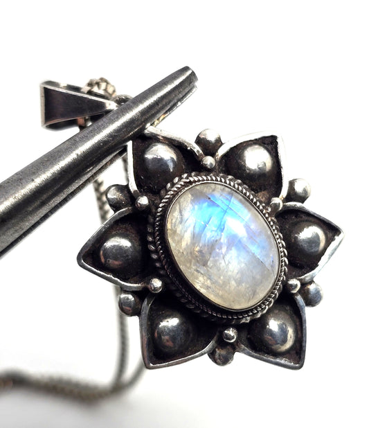 Rainbow Moonstone flashy tribal Balinese flower sterling silver pendant necklace
