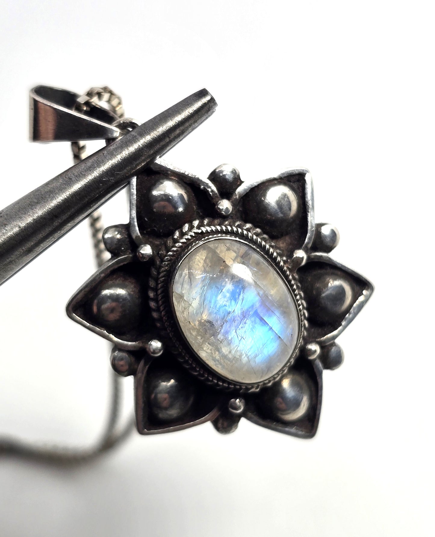Rainbow Moonstone flashy tribal Balinese flower sterling silver pendant necklace